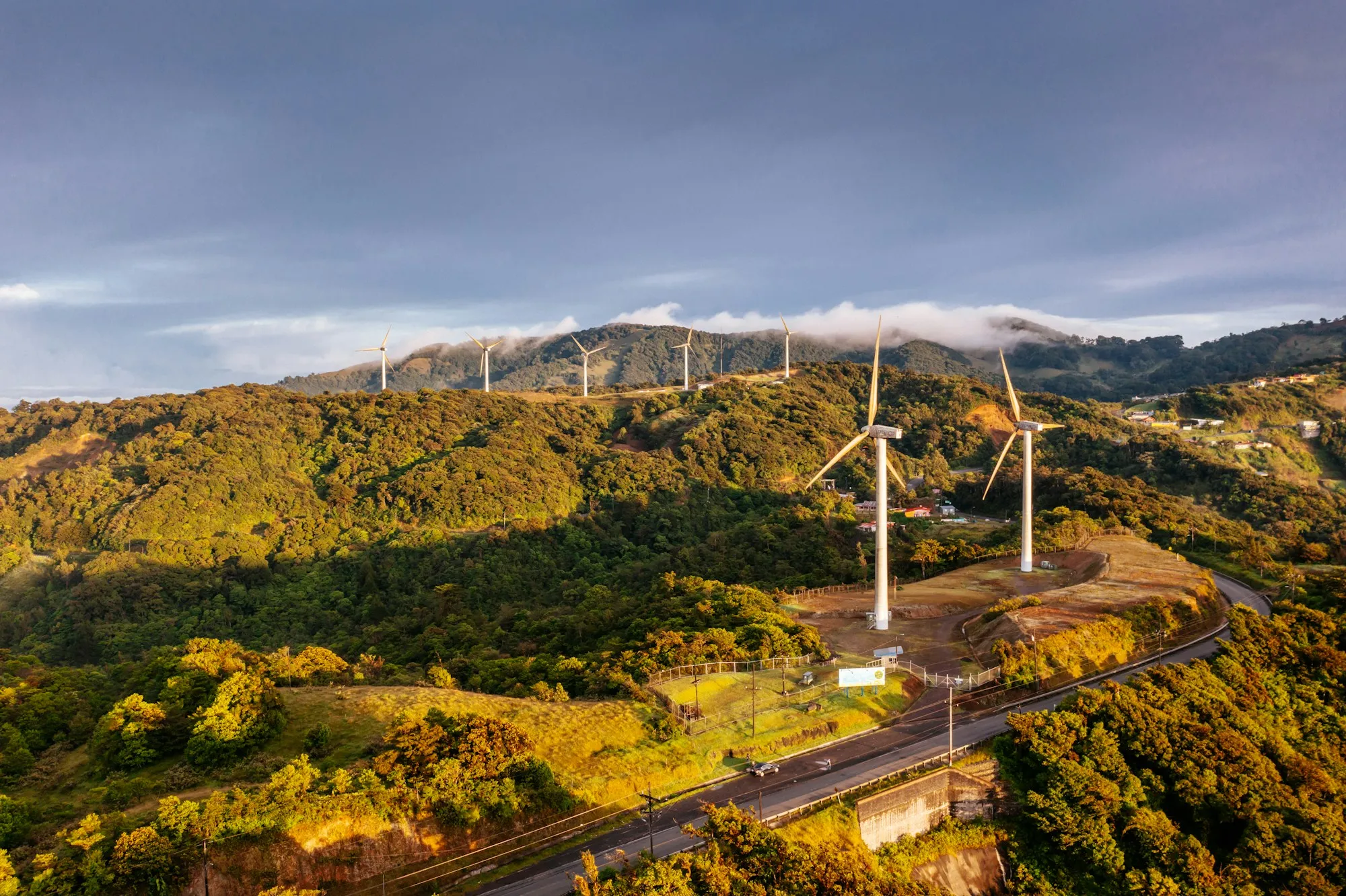 Aerial view of a wind farm in the mountains